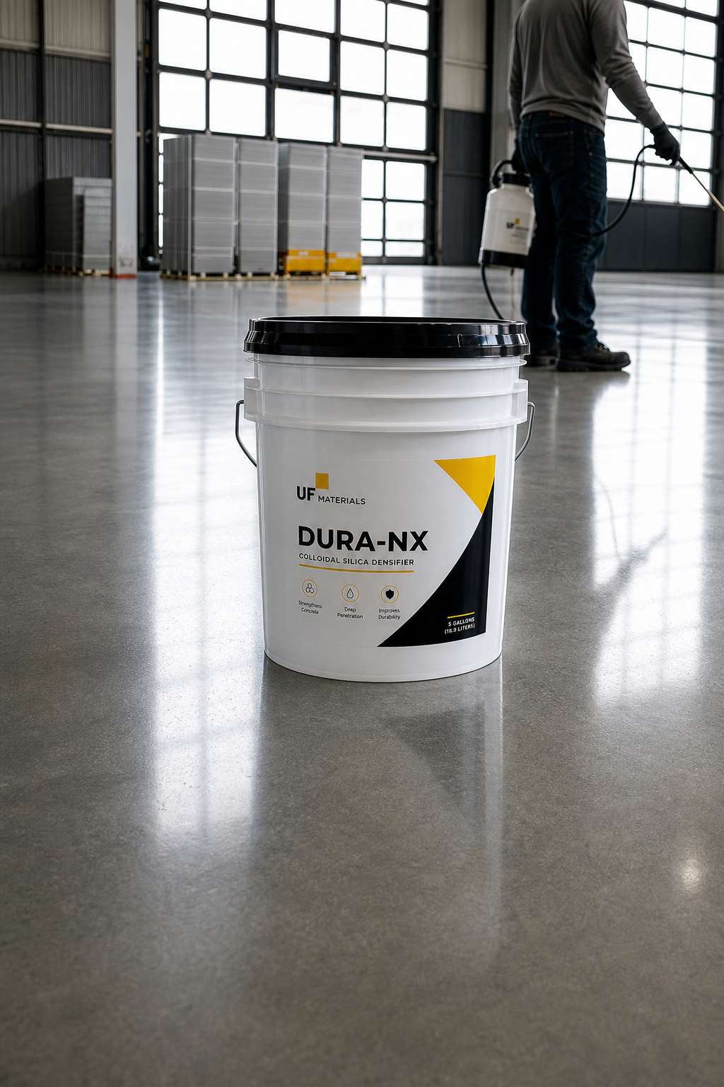 Upright Dura-NX pail on a polished industrial floor